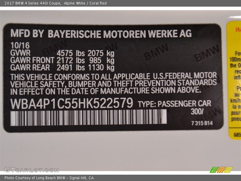 Alpine White / Coral Red 2017 BMW 4 Series 440i Coupe