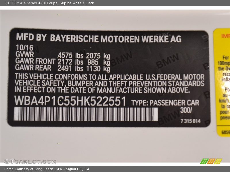 Alpine White / Black 2017 BMW 4 Series 440i Coupe