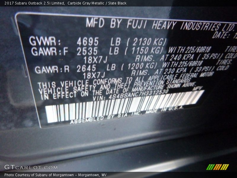Carbide Gray Metallic / Slate Black 2017 Subaru Outback 2.5i Limited