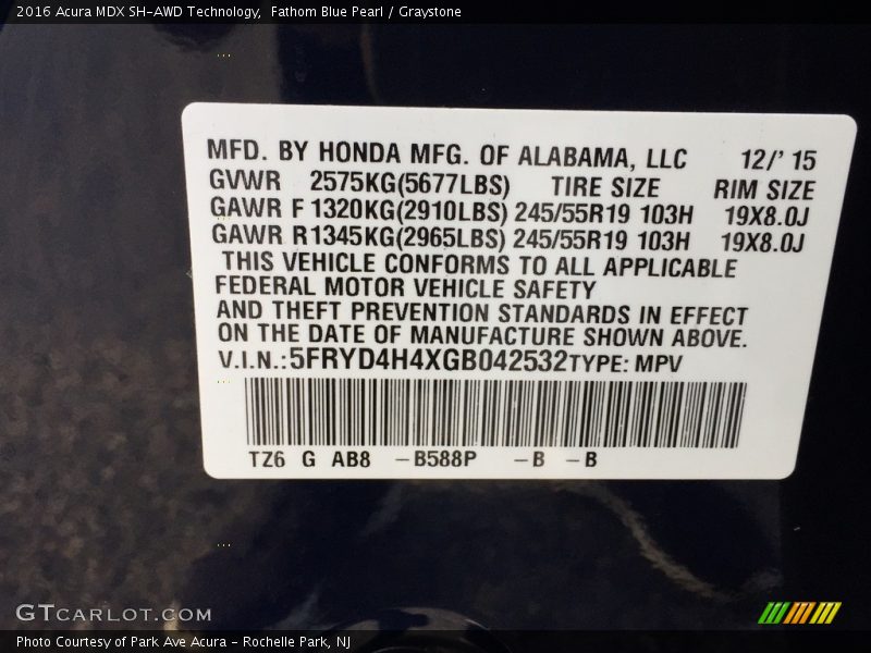 Fathom Blue Pearl / Graystone 2016 Acura MDX SH-AWD Technology