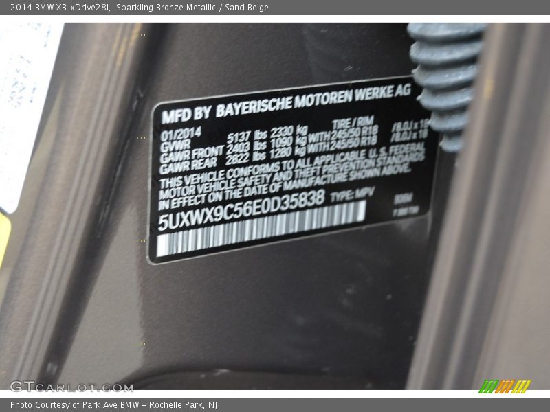 Sparkling Bronze Metallic / Sand Beige 2014 BMW X3 xDrive28i