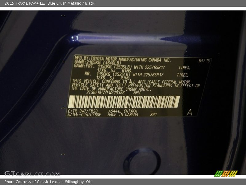 Blue Crush Metallic / Black 2015 Toyota RAV4 LE