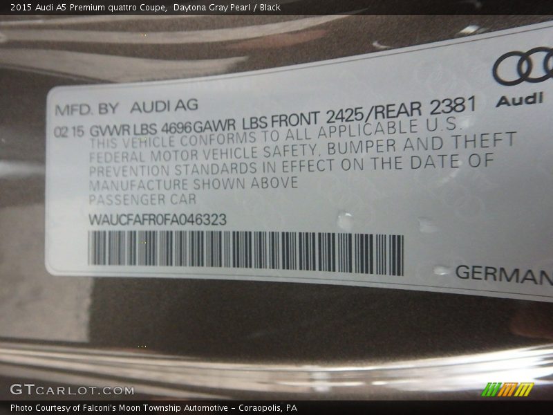 Daytona Gray Pearl / Black 2015 Audi A5 Premium quattro Coupe