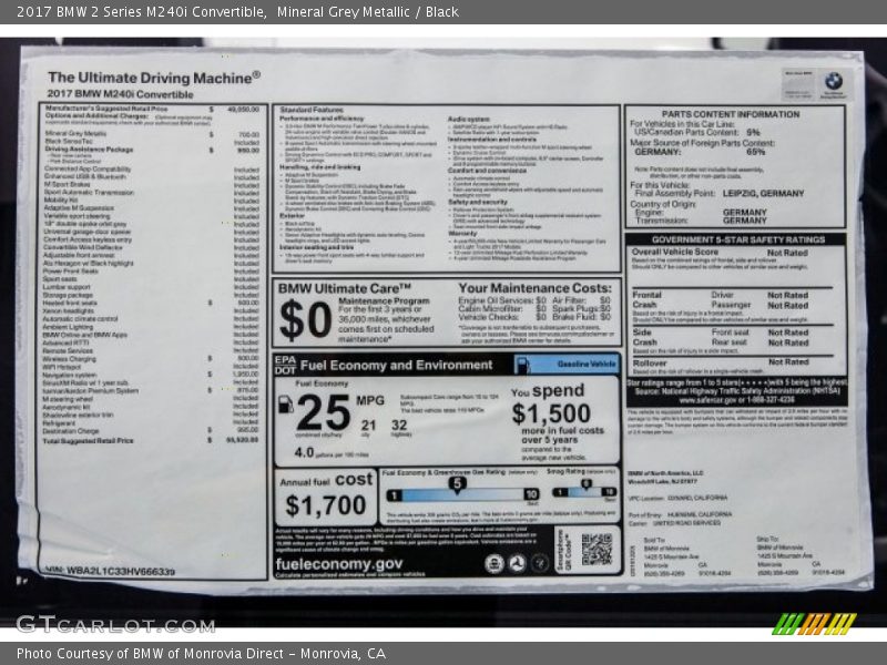  2017 2 Series M240i Convertible Window Sticker