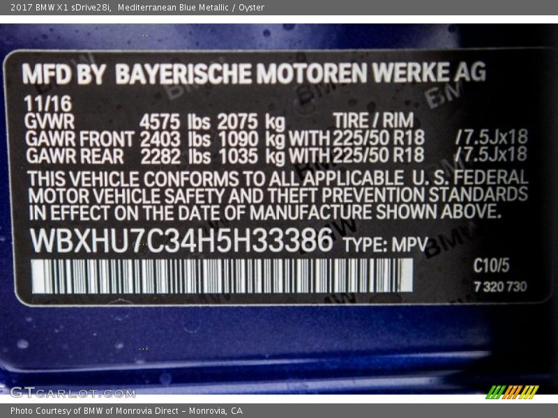 Mediterranean Blue Metallic / Oyster 2017 BMW X1 sDrive28i