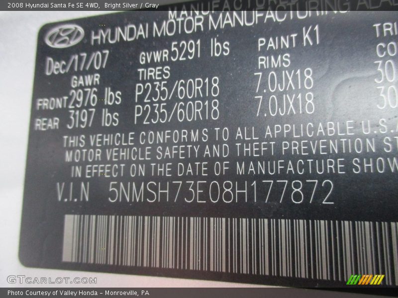 Bright Silver / Gray 2008 Hyundai Santa Fe SE 4WD