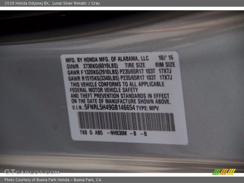 Lunar Silver Metallic / Gray 2016 Honda Odyssey EX