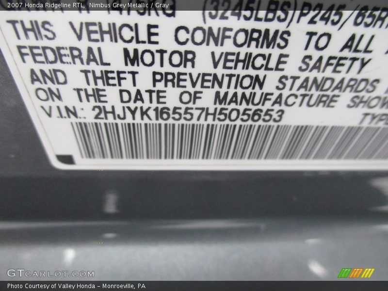Nimbus Grey Metallic / Gray 2007 Honda Ridgeline RTL