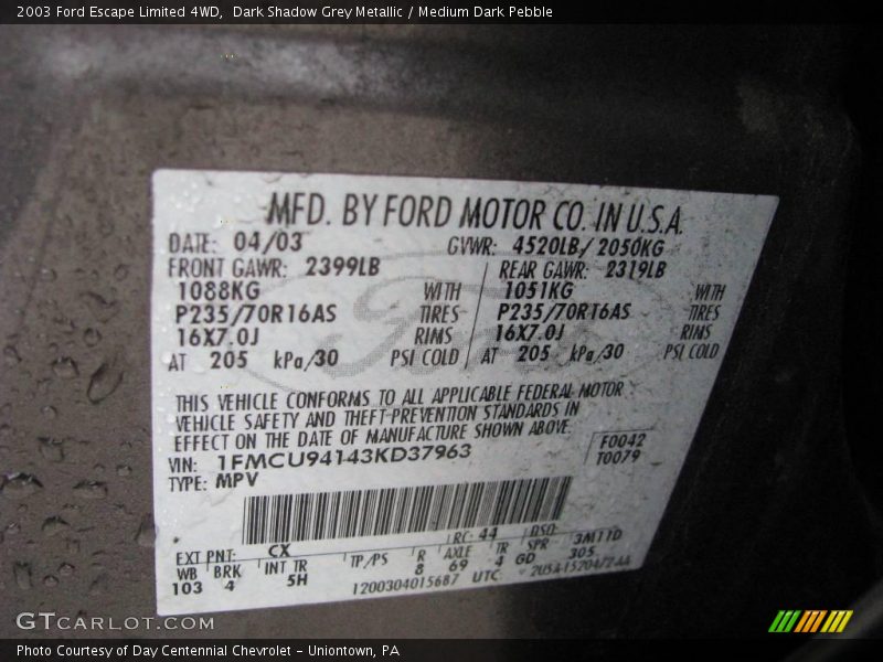 Dark Shadow Grey Metallic / Medium Dark Pebble 2003 Ford Escape Limited 4WD