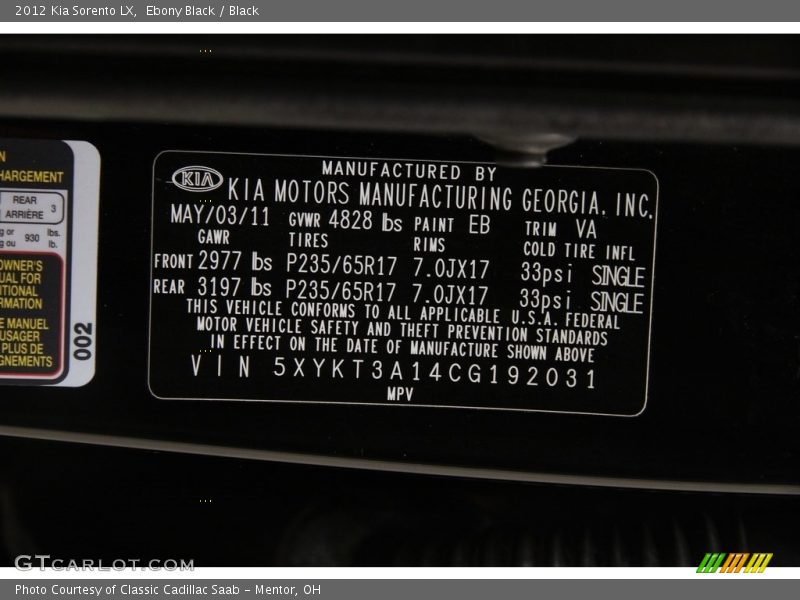 Ebony Black / Black 2012 Kia Sorento LX