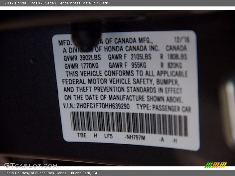 Modern Steel Metallic / Black 2017 Honda Civic EX-L Sedan