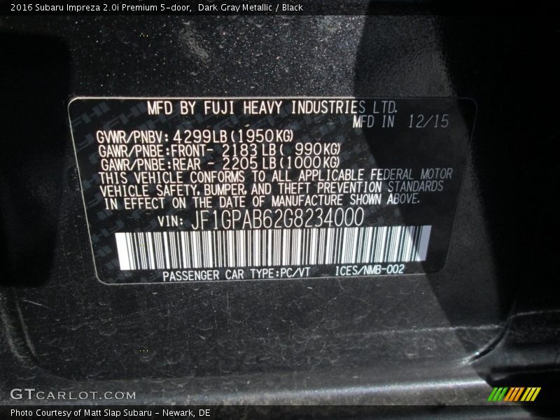 Dark Gray Metallic / Black 2016 Subaru Impreza 2.0i Premium 5-door