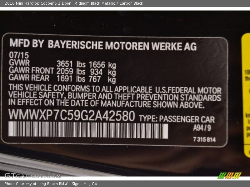 Midnight Black Metallic / Carbon Black 2016 Mini Hardtop Cooper S 2 Door
