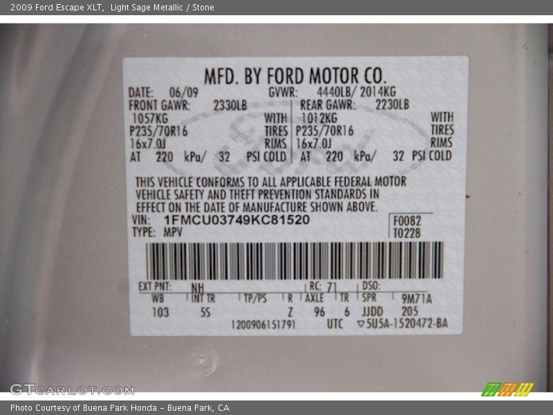 Light Sage Metallic / Stone 2009 Ford Escape XLT