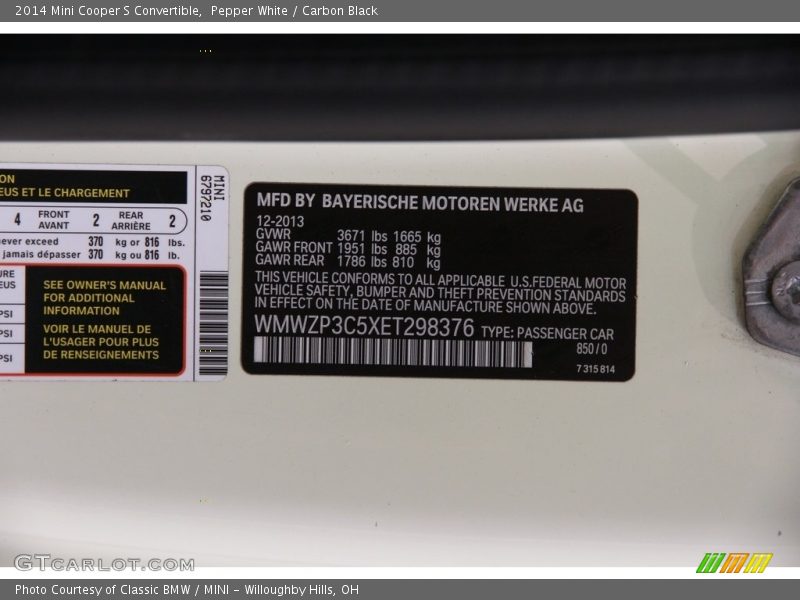 Pepper White / Carbon Black 2014 Mini Cooper S Convertible