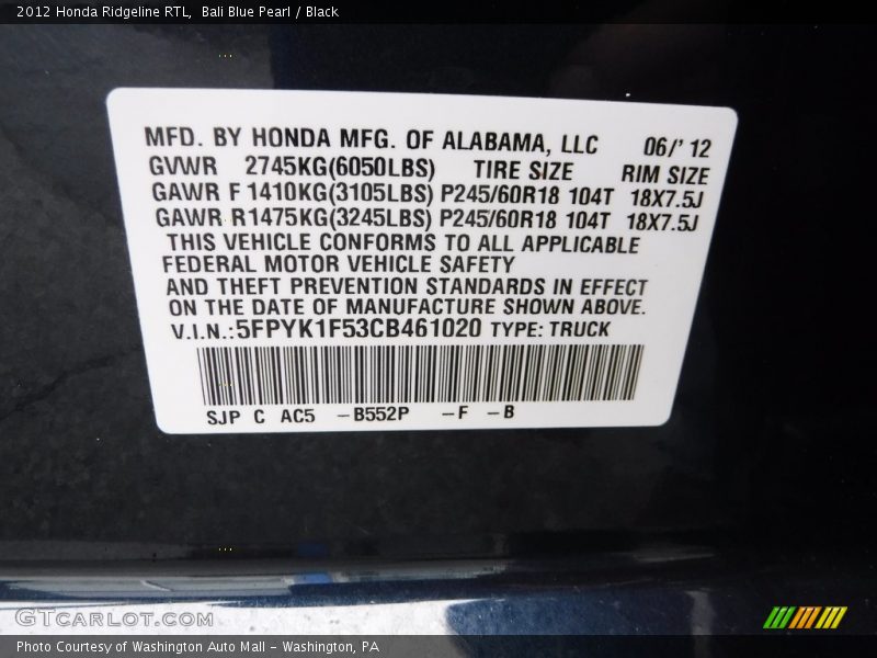 Bali Blue Pearl / Black 2012 Honda Ridgeline RTL