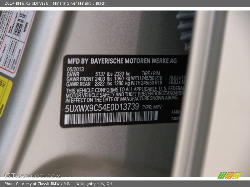 Mineral Silver Metallic / Black 2014 BMW X3 xDrive28i
