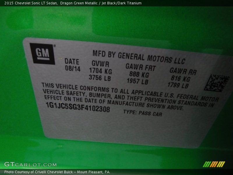 Dragon Green Metallic / Jet Black/Dark Titanium 2015 Chevrolet Sonic LT Sedan