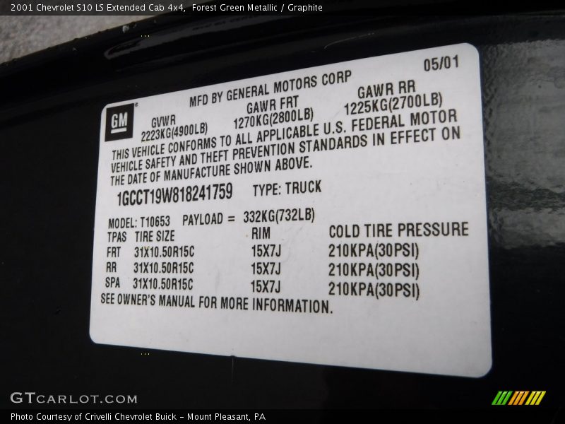 Forest Green Metallic / Graphite 2001 Chevrolet S10 LS Extended Cab 4x4