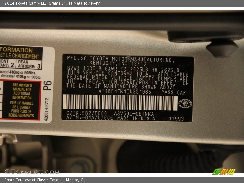 Creme Brulee Metallic / Ivory 2014 Toyota Camry LE