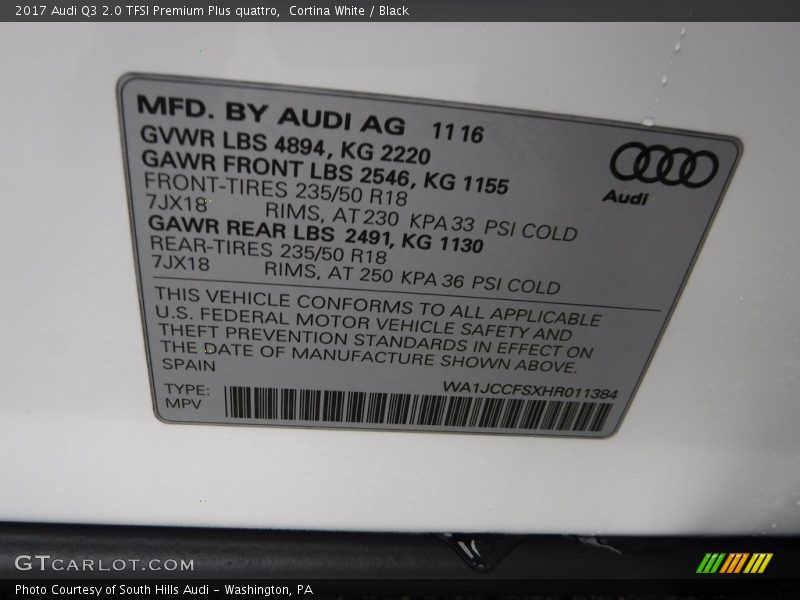 Cortina White / Black 2017 Audi Q3 2.0 TFSI Premium Plus quattro