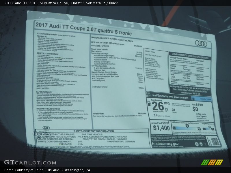  2017 TT 2.0 TFSI quattro Coupe Window Sticker