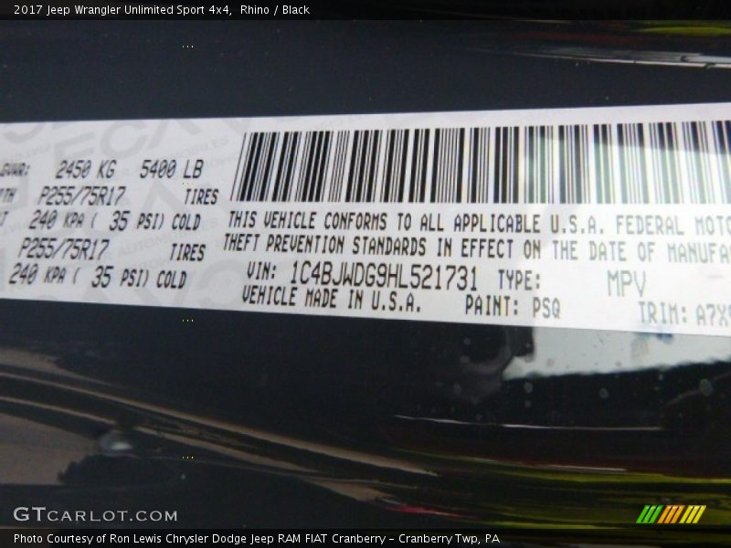 Rhino / Black 2017 Jeep Wrangler Unlimited Sport 4x4