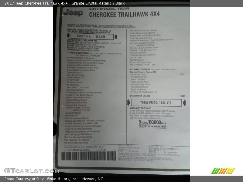  2017 Cherokee Trailhawk 4x4 Window Sticker