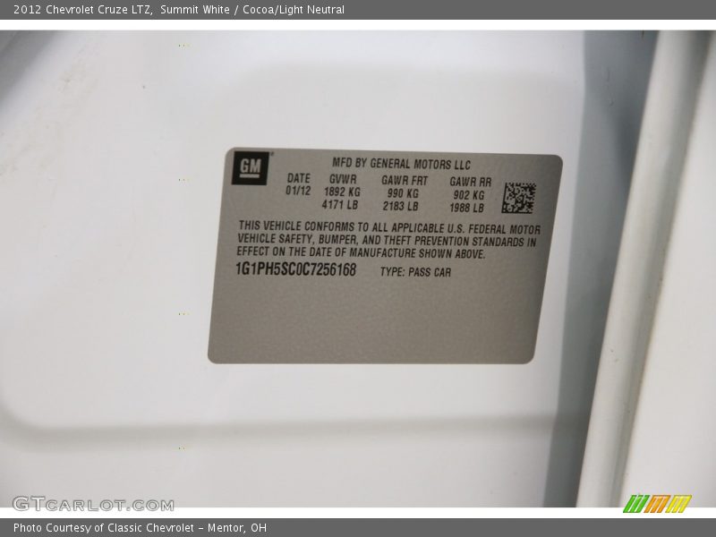 Summit White / Cocoa/Light Neutral 2012 Chevrolet Cruze LTZ