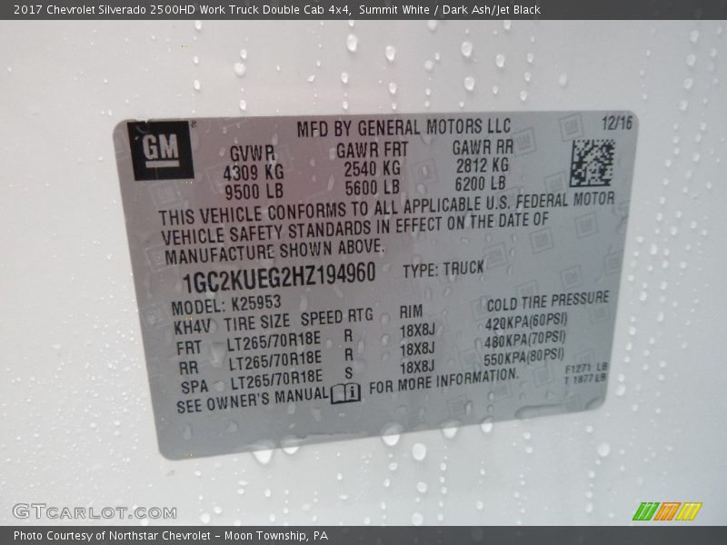 Summit White / Dark Ash/Jet Black 2017 Chevrolet Silverado 2500HD Work Truck Double Cab 4x4