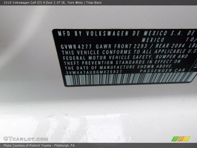 Pure White / Titan Black 2016 Volkswagen Golf GTI 4 Door 2.0T SE