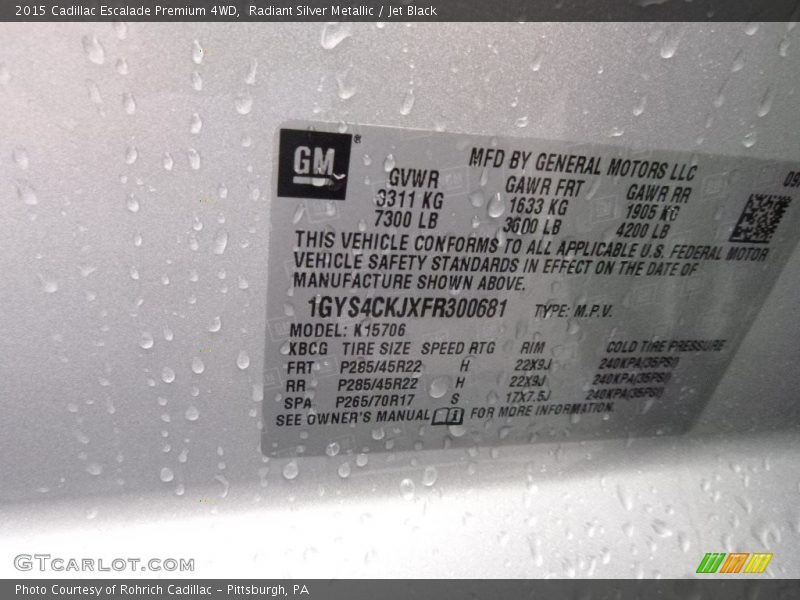 Radiant Silver Metallic / Jet Black 2015 Cadillac Escalade Premium 4WD