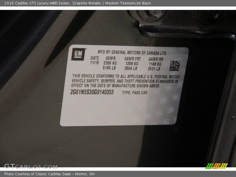 Graphite Metallic / Medium Titanium/Jet Black 2016 Cadillac XTS Luxury AWD Sedan