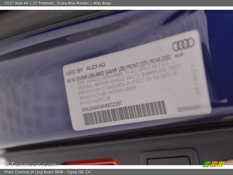 Scuba Blue Metallic / Atlas Beige 2017 Audi A4 2.0T Premium