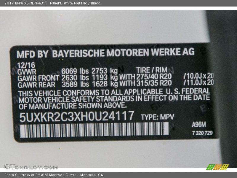 2017 X5 sDrive35i Mineral White Metallic Color Code A96
