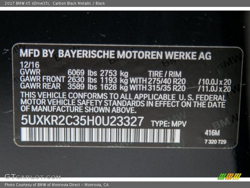Carbon Black Metallic / Black 2017 BMW X5 sDrive35i