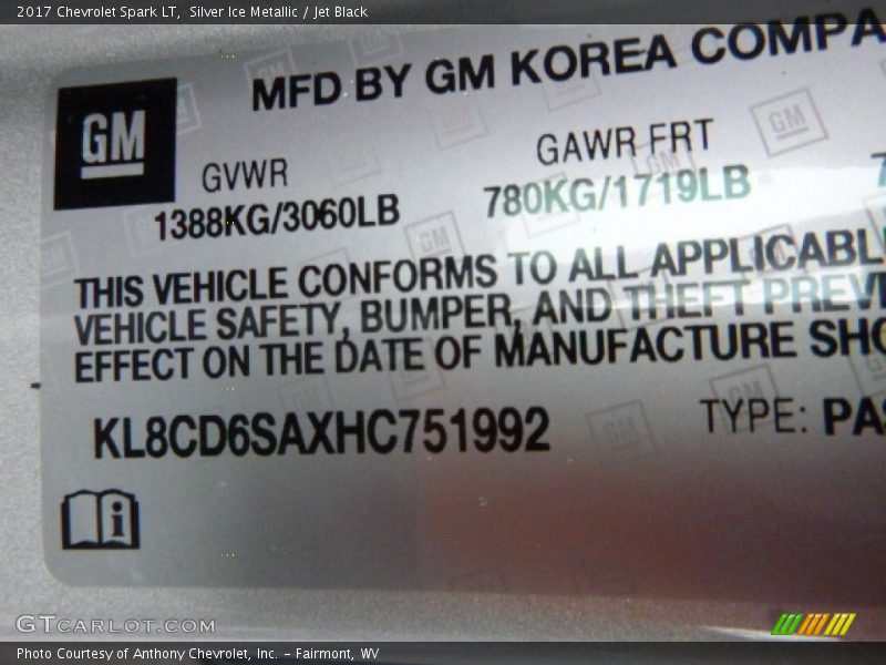 Silver Ice Metallic / Jet Black 2017 Chevrolet Spark LT