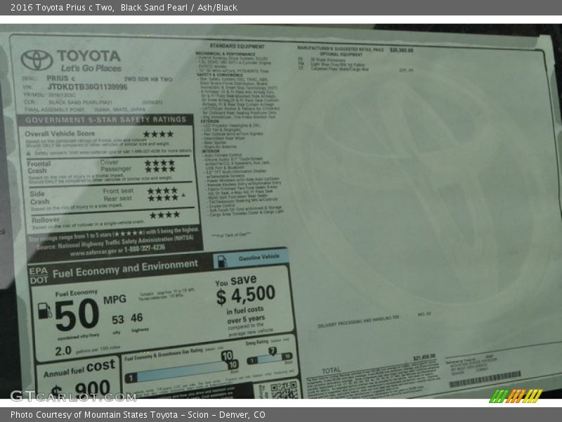 Black Sand Pearl / Ash/Black 2016 Toyota Prius c Two