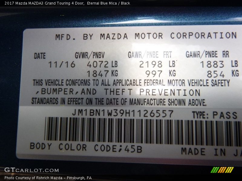 Eternal Blue Mica / Black 2017 Mazda MAZDA3 Grand Touring 4 Door