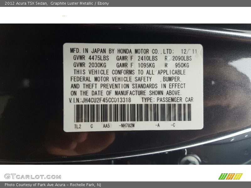 Graphite Luster Metallic / Ebony 2012 Acura TSX Sedan
