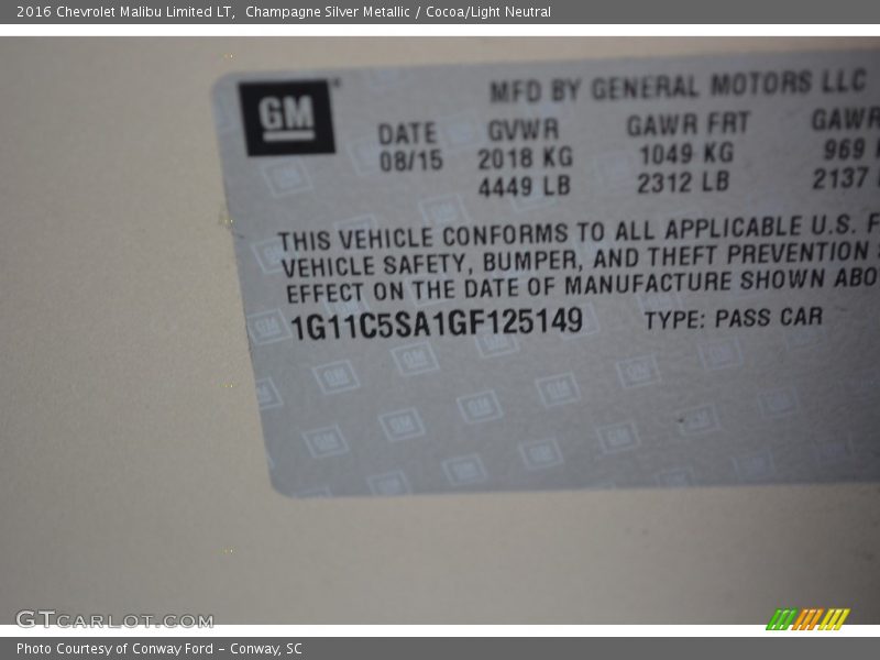 Champagne Silver Metallic / Cocoa/Light Neutral 2016 Chevrolet Malibu Limited LT