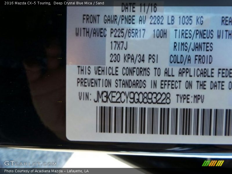 Deep Crystal Blue Mica / Sand 2016 Mazda CX-5 Touring