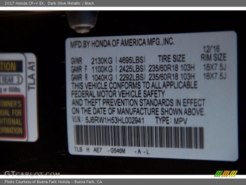 2017 CR-V EX Dark Olive Metallic Color Code G546M