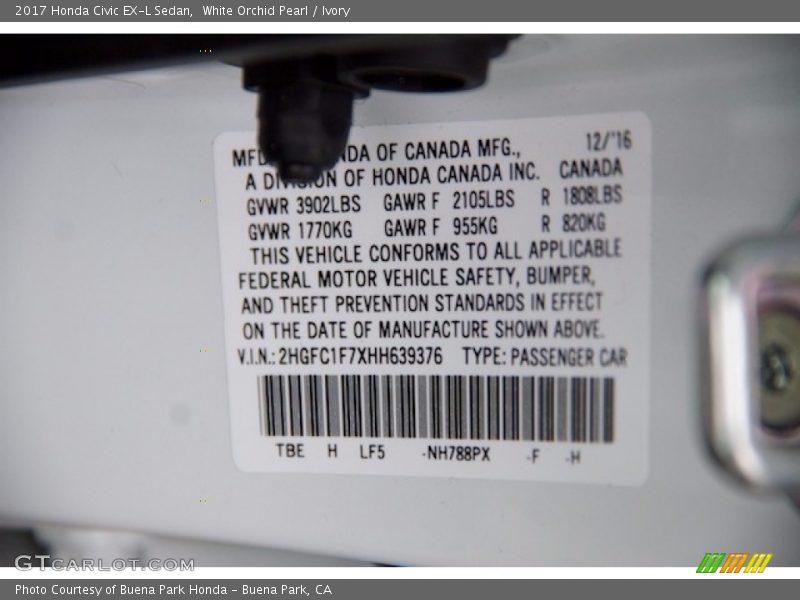 White Orchid Pearl / Ivory 2017 Honda Civic EX-L Sedan