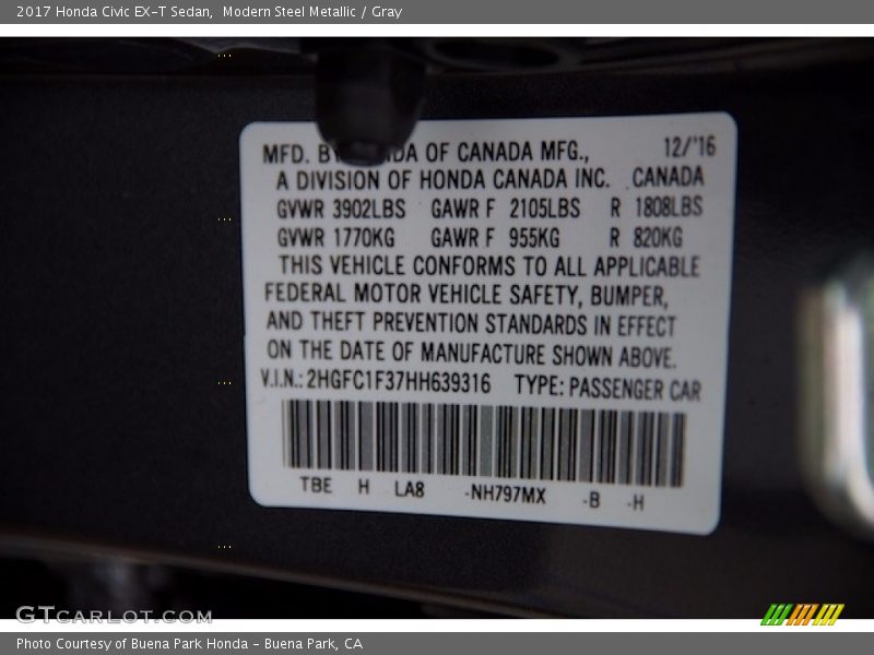 Modern Steel Metallic / Gray 2017 Honda Civic EX-T Sedan