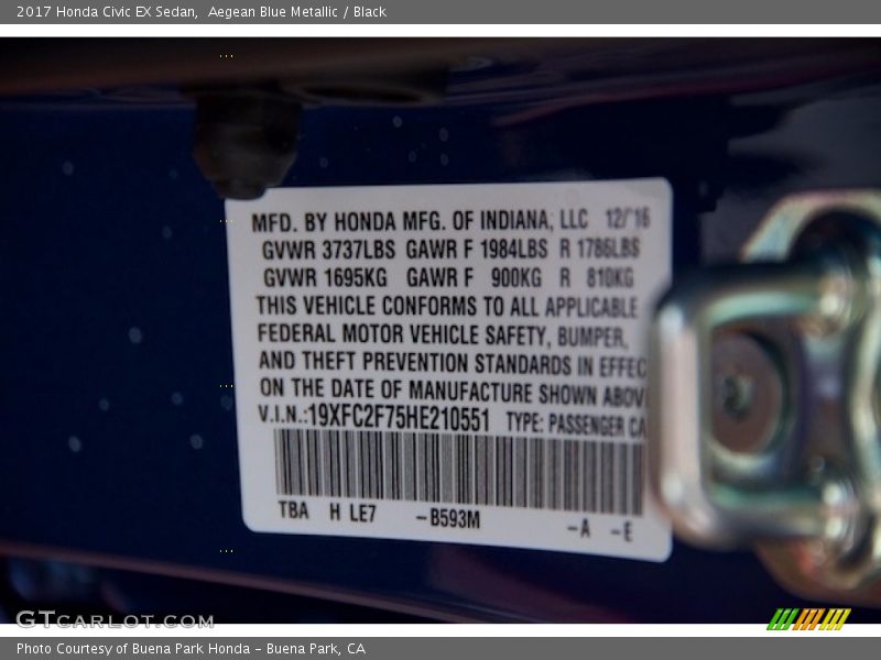 Aegean Blue Metallic / Black 2017 Honda Civic EX Sedan