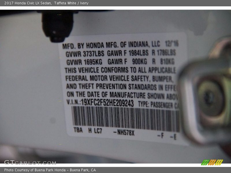 Taffeta White / Ivory 2017 Honda Civic LX Sedan