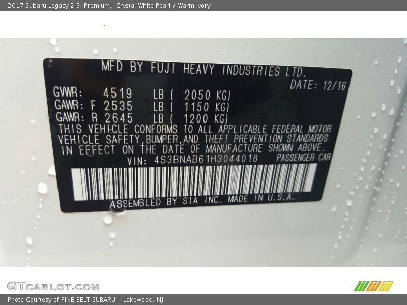 Crystal White Pearl / Warm Ivory 2017 Subaru Legacy 2.5i Premium