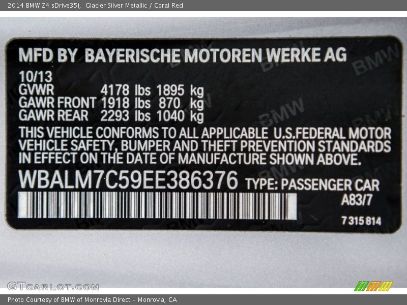 Glacier Silver Metallic / Coral Red 2014 BMW Z4 sDrive35i