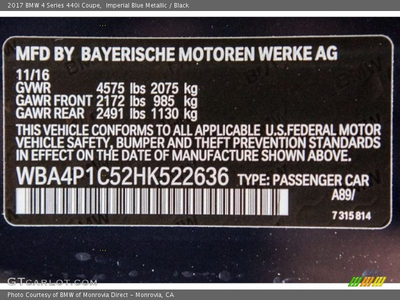 Imperial Blue Metallic / Black 2017 BMW 4 Series 440i Coupe